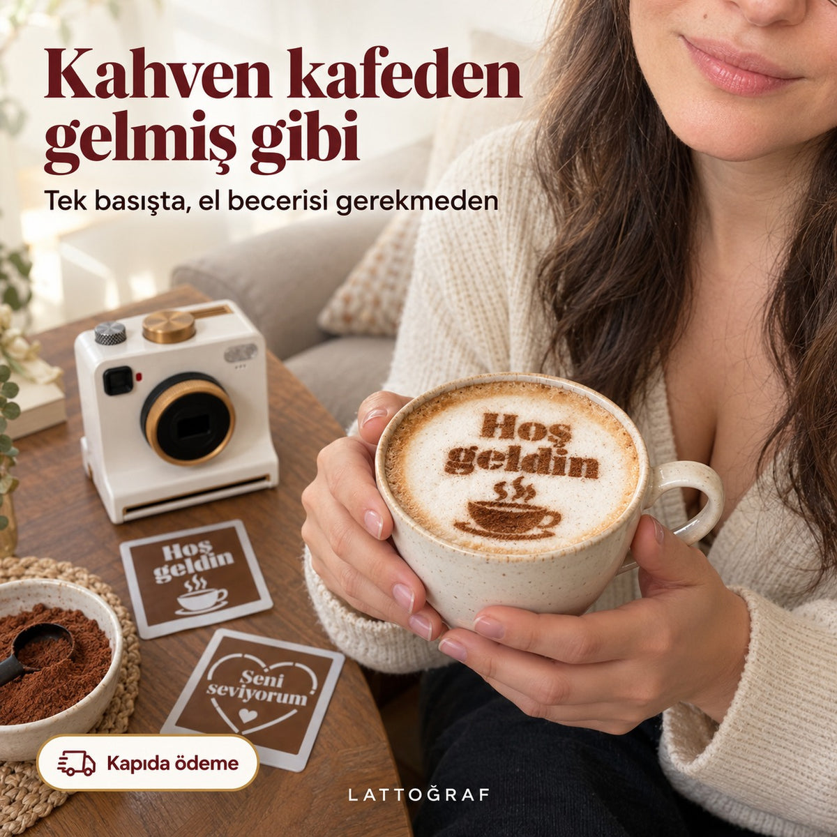 galeri-b · Kahven kafeden gelmiş gibi: Lattoğraf ile Hoş geldin desenli latte